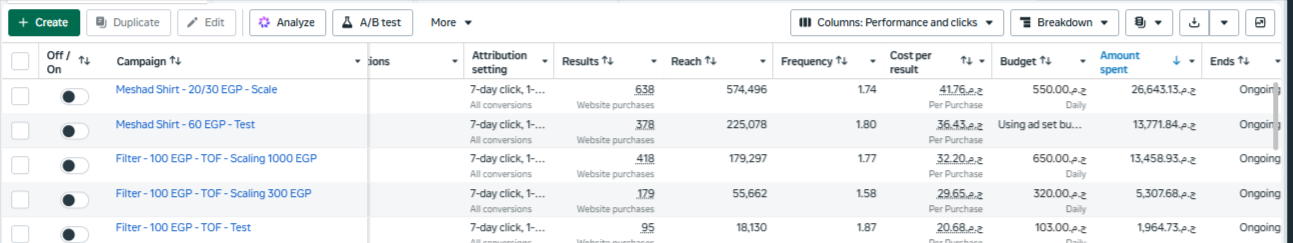 Meta Ads Manager showing separate test and scale campaigns with purchases, reach, frequency, cost per purchase and amount spent for two products