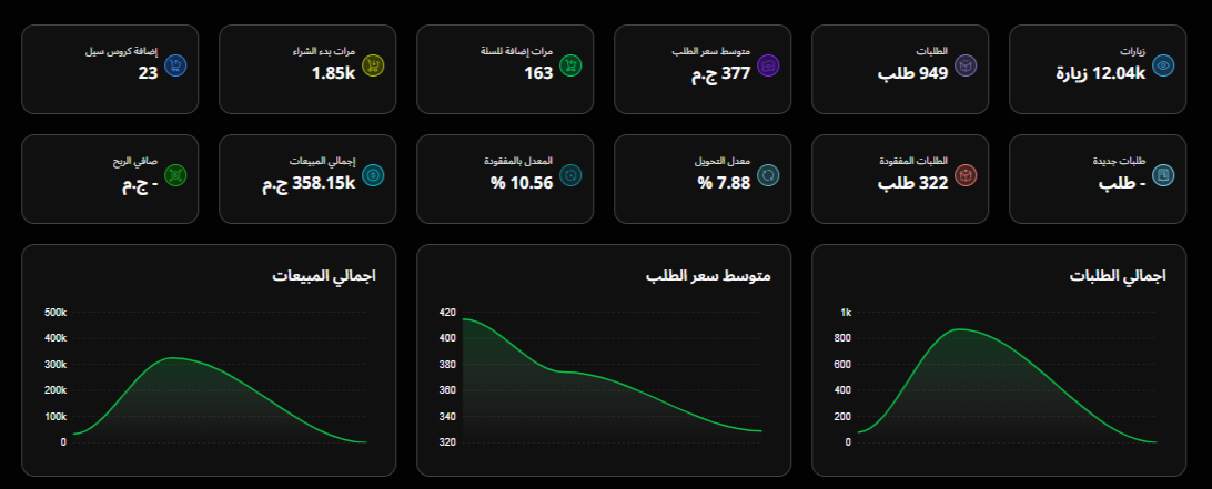 Second store dashboard showing 12.04k sessions, 949 orders, 7.88 percent conversion rate and total sales of 358.15k EGP